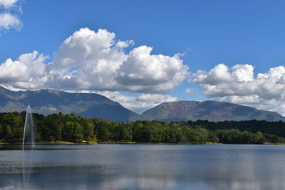 Scenic view of lake and mountains against sky