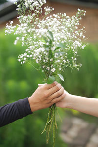 Cropped hands of couple holding flowers outdoors
