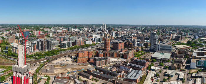 High angle view of cityscape against clear sky