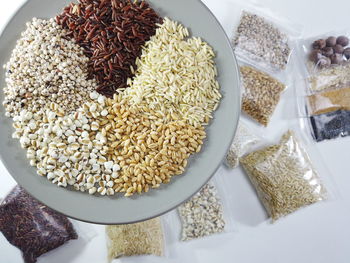 High angle view of bread in bowl on table