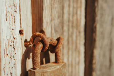 Close-up of rusty metal on wood