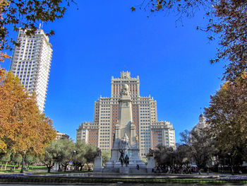 Low angle view of buildings against blue sky