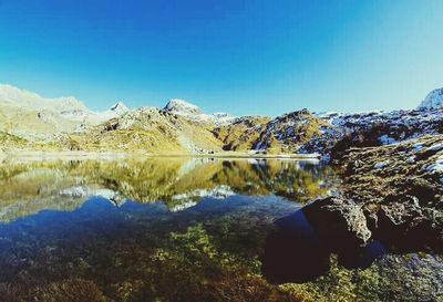 Calm lake with mountains in background