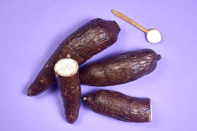 High angle view of food on blue background