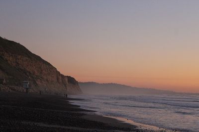 Scenic view of sea against clear sky at sunset