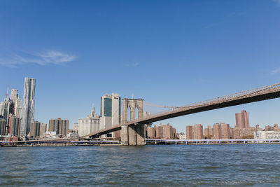 Bridge over river by buildings in city against sky