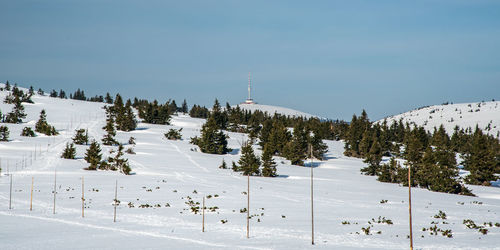 Scenic view of snow covered landscape against sky