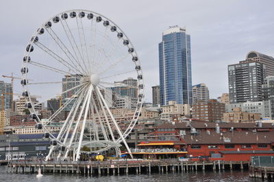 Ferries wheel against cityscape