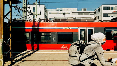 Rear view of train on railroad station platform