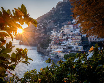 High angle view of sunset in positano amalfi coast 