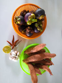 High angle view of fruits in bowl on table