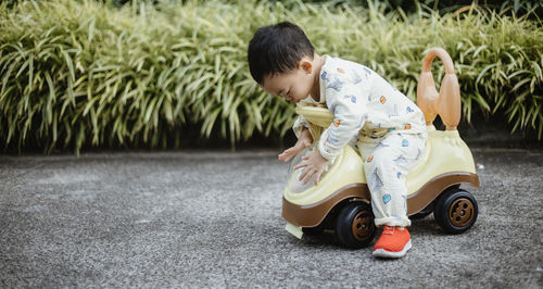 Rear view of boy riding toy car