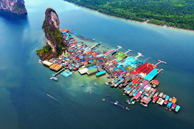 High angle view of container ship in sea