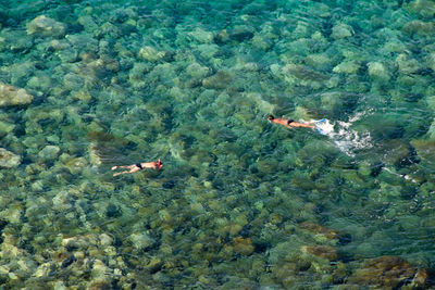 High angle view of rocks in water