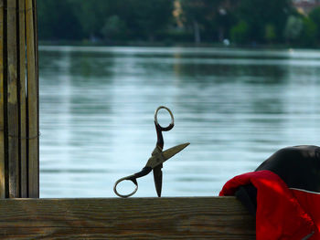 Close-up of toy by lake against window