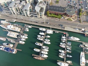 High angle view of ship moored at harbor