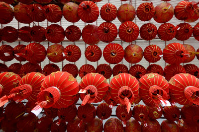 High angle view of red lanterns in row