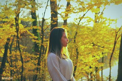 Young woman looking away while standing by trees during autumn