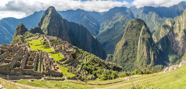 Panoramic view from the top to old inca ruins and wayna picchu, machu picchu, urubamba provnce, peru