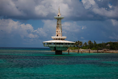 Lifeguard hut by sea against sky