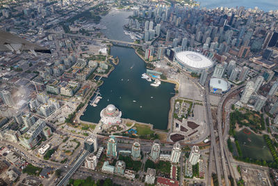 High angle view of city at seaside