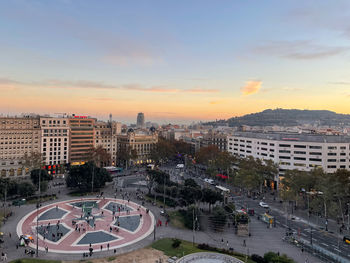 High angle view of townscape against sky during sunset in barcelona