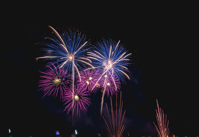 Low angle view of firework display at night