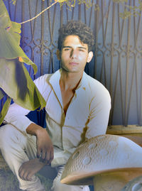 Portrait of young man crouching by artificial mushroom