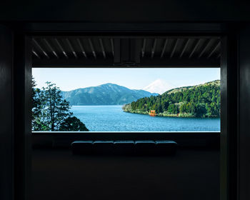 Scenic view of river seen through mountains