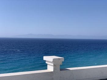 Scenic view of sea against clear blue sky