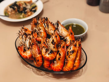 High angle view of seafood in plate on table