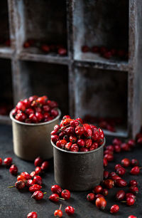 Dried rosehip fruits on the table