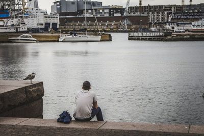 Rear view of man sitting at harbor