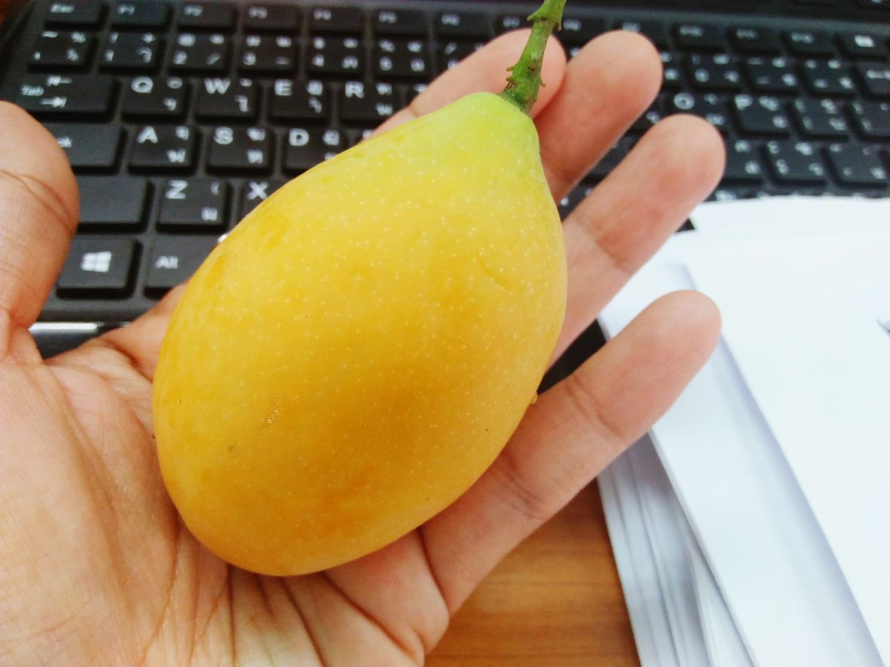 CLOSE-UP OF HAND HOLDING ORANGE SLICE OF MAN