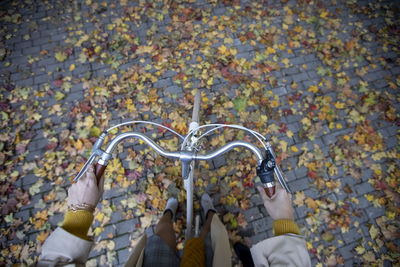 Low section of people holding autumn leaves in city