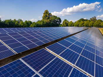 Details of solar panels of a solar power plant in a rural area as an aerial view with the drone