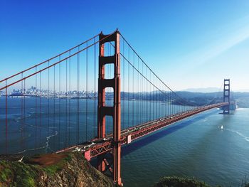 Suspension bridge over river against blue sky