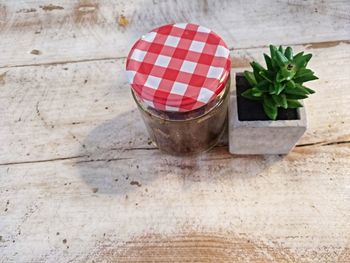 High angle view of pot on table