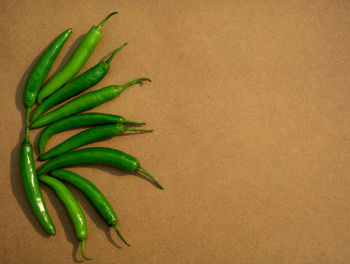 High angle view of green chili pepper on table