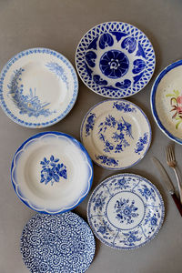 High angle view of plates on table