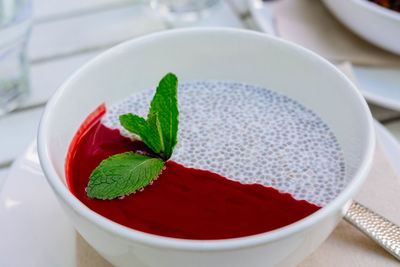 High angle view of drink in bowl on table