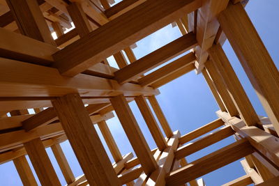 Low angle view of wooden structure against sky