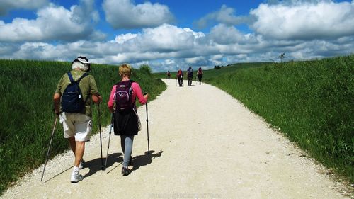 Rear view of women walking on road