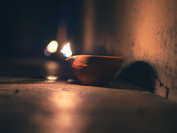 Close-up of illuminated lamp for diwali 