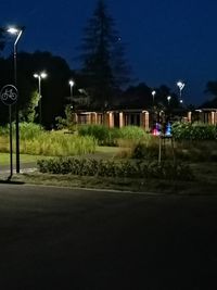 Illuminated street lights on road in city at night