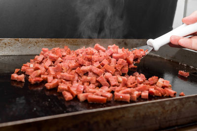 Close-up of person preparing food on barbecue grill