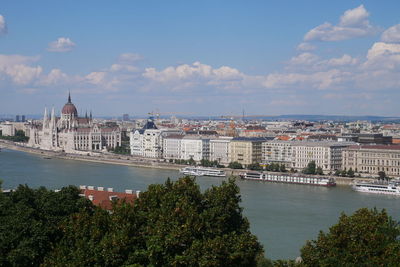 City at waterfront against cloudy sky