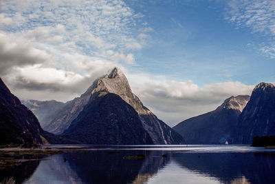 Scenic view of lake and mountains against sky