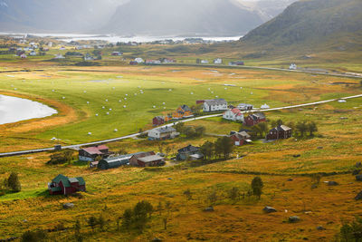 Aerial view of village and houses at the countryside in moskenesoya lofoten norway