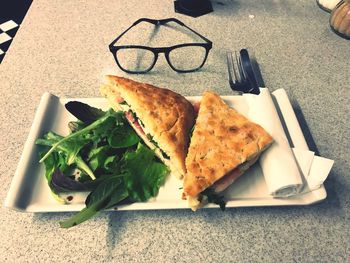 High angle view of breakfast served on table